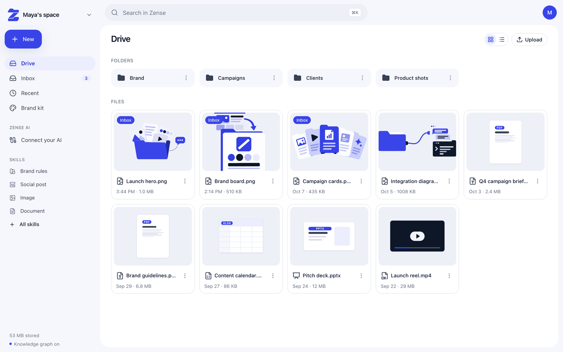 The Zense drive with folders, recent files and new uploads waiting in the Inbox